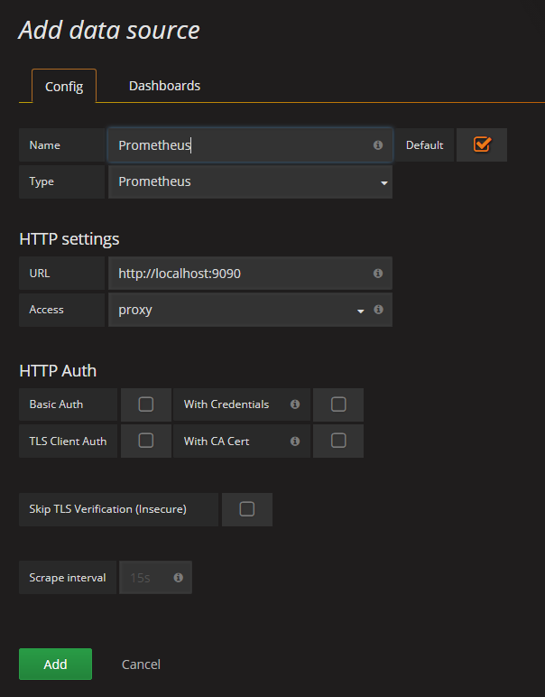 Screenshot of adding datasource in Prometheus
